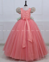 Peach Color Gown with White Flower Applique Detailing & Light Green Long Bow