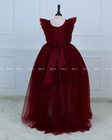 Maroon HIgh Low Frock with Multicolour Flowers & Leaves