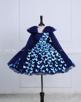 Navy Blue Partywear Frock with Spreaded Light Blue Butterflies