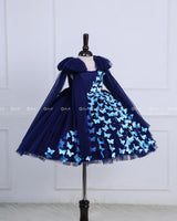 Navy Blue Partywear Frock with Spreaded Light Blue Butterflies