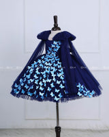 Navy Blue Partywear Frock with Spreaded Light Blue Butterflies