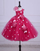 Crimson Red frock with white flowers and Baby pink frill flowers