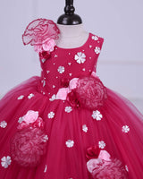 Crimson Red frock with white flowers and Baby pink frill flowers