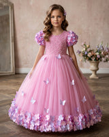 Pink Flower Gown with Ball Flower Sleeves