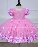 Pink Flower Gown with Ball Flower Sleeves