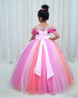 Pink Multi Shade Combo Cold Shoulder Frock with Flower and Beads Embellishment