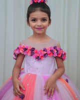 Pink Multi Shade Combo Cold Shoulder Frock with Flower and Beads Embellishment