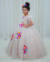 Wheat Ball Gown with Multi Colour Flowers
