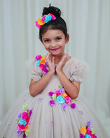 Wheat Ball Gown with Multi Colour Flowers