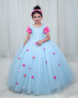 Light Baby Blue Gown with Pink shades Flower detailing and Pearl Work