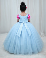 Light Baby Blue Gown with Pink shades Flower detailing and Pearl Work