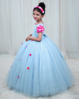 Light Baby Blue Gown with Pink shades Flower detailing and Pearl Work