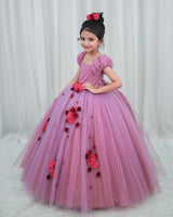 Onion Pink Glittery Gown with Pink and Maroon Floral Detailing