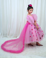 Dry Rose Pink Flower Frock with Detachable Lavender Back Trail