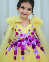 Light Yellow and Lavender Gown with Long Bow Sleeve Details