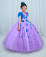Lavender Net Ball Gown with Sea Blue Embroidered Flower Patch and Leaf Detailing