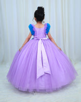 Lavender Net Ball Gown with Sea Blue Embroidered Flower Patch and Leaf Detailing