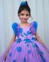 Lavender Net Ball Gown with Sea Blue Embroidered Flower Patch and Leaf Detailing