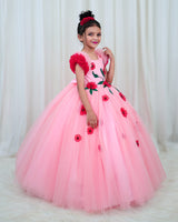 Cherry Blossom Pink Net Ball Gown with Red Embroidered Flower Patch and Dark Green Leaf Detailing