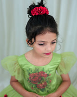 Tea Green Gown with Rose Flower Print and 3D Hand Crafter Rose Flower Detailing