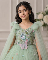 Net Bow sleeve With Trails Floral Appliqué Garden Butterfly & Floral Full-Length Gown - Sage Green(New)