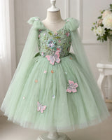 Net Bow sleeve With Trails Floral Appliqué Garden Butterfly & Floral Full-Length Gown - Sage Green(New)