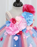 Net Sleeveless Multi Color Flower & Bead Embellished Tutu Frock for Girls in Pink & Blue(Bestseller) (New)