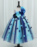 Net Sleeveless Multi Color Flower & Bead Embellished Tutu Frock for Girls in Blue(Bestseller) (New)