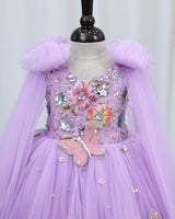 Net Bow sleeve With Trails Floral Appliqué Garden Butterfly & Floral Full-Length Gown - Lavender (New)