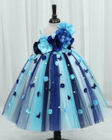 Net Sleeveless Multi Color Flower & Bead Embellished Tutu Frock for Girls in Blue(Bestseller) (New)