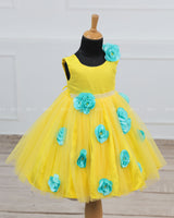 Yellow and Aqua Blue Big Flower Frock