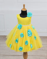 Yellow and Aqua Blue Big Flower Frock