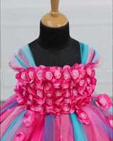 Rani pink and Baby Pink Flower Frock With Multi Pink and Aqua Blue Strip
