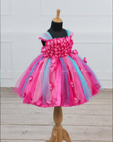 Rani pink and Baby Pink Flower Frock With Multi Pink and Aqua Blue Strip