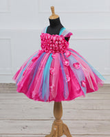 Rani pink and Baby Pink Flower Frock With Multi Pink and Aqua Blue Strip