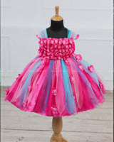 Rani pink and Baby Pink Flower Frock With Multi Pink and Aqua Blue Strip