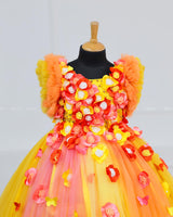 Orange And Yellow Multi Flower Frock