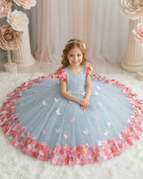 Baby Blue Flower Gown with Ball Flower Sleeves
