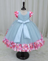 Baby Blue Flower Gown with Ball Flower Sleeves