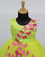 Lime Green Frock With Spread Pink Butterflies