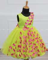 Lime Green Frock With Spread Pink Butterflies