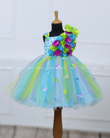 Sky blue and green stripe flower frock with multicolor flowers and butterflies
