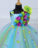 Sky blue and green stripe flower frock with multicolor flowers and butterflies