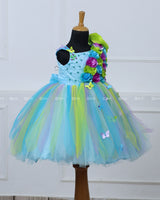 Sky blue and green stripe flower frock with multicolor flowers and butterflies