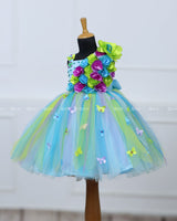 Sky blue and green stripe flower frock with multicolor flowers and butterflies
