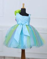 Sky blue and green stripe flower frock with multicolor flowers and butterflies