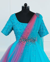 Turquoise Blue Gown with Pink Draped Dupatta