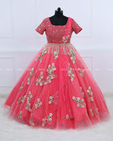 Alia Inspired Full Gown in Flamingo Peach And Rubine Red Shade with Intricate Handworks