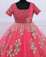 Alia Inspired Full Gown in Flamingo Peach And Rubine Red Shade with Intricate Handworks