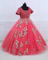 Alia Inspired Full Gown in Flamingo Peach And Rubine Red Shade with Intricate Handworks